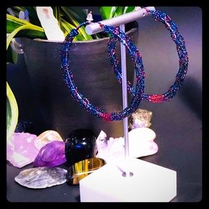 2.5” Handmade Navy & Red Wire Crocheted Earrings